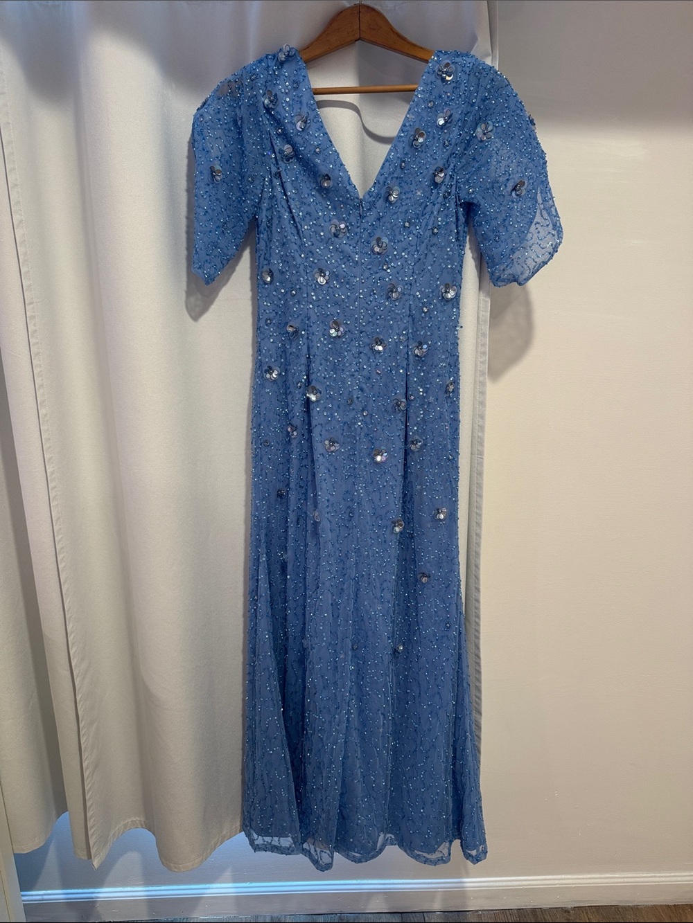 Adrianna Papell Light Blue Beaded V-Neck Maxi Dress